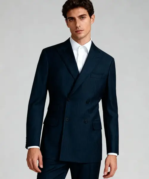 un costume croisé bleu marine à fines rayures, veste à revers pointus avec poches à rabat, pantalon assorti et chemise blanche, sur fond clair.