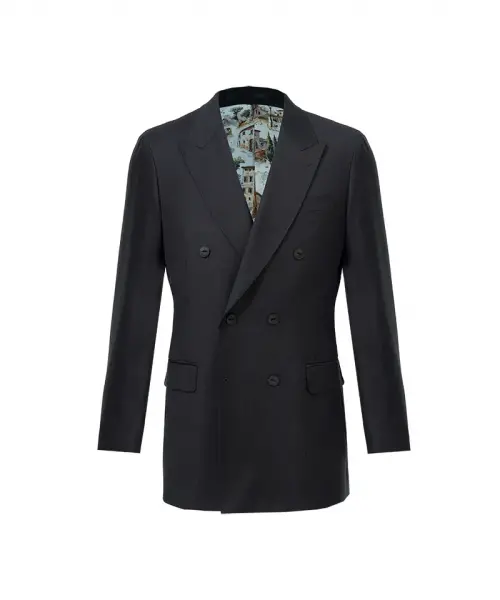 Veste noire croisée à double boutonnage, coupe structurée, revers classiques, doublure intérieure imprimée visible au col.