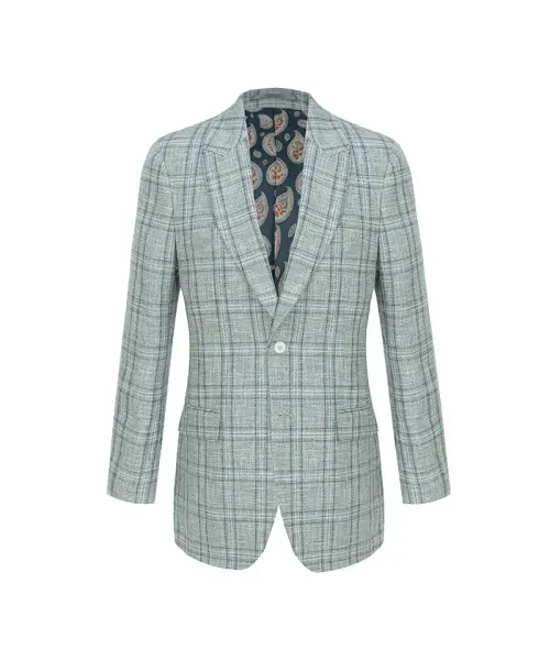 Veste à carreaux gris clair sur fond blanc, revers classiques, fermeture un bouton nacré, poches plaquées, doublure intérieure à motif paisley visible.