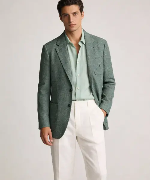 Veste vert chiné sur fond blanc, col tailleur classique, fermeture un bouton, poches plaquées, poche poitrine, silhouette droite et structurée.