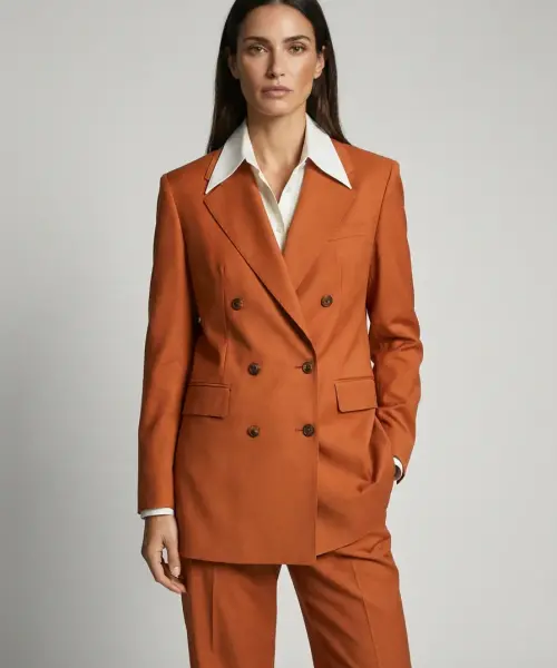 Ensemble Pure Elegance orange brique avec veste croisée à double boutonnage, pantalon assorti et chemise blanche à grand col pointu.