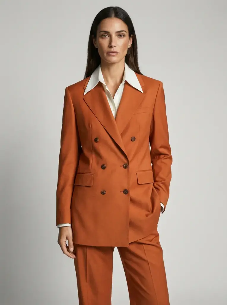Ensemble Pure Elegance orange brique avec veste croisée à double boutonnage, pantalon assorti et chemise blanche à grand col pointu.