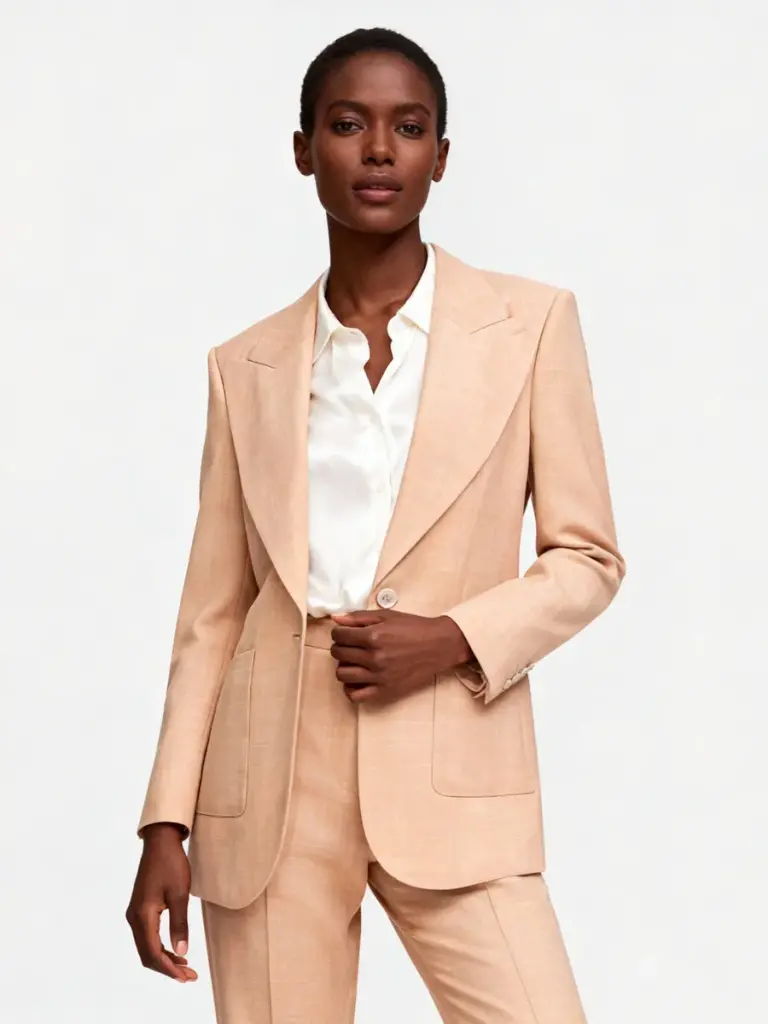 Ensemble beige sable Pure Élégance : veste longue structurée à poches plaquées et pantalon assorti, avec chemise blanche.