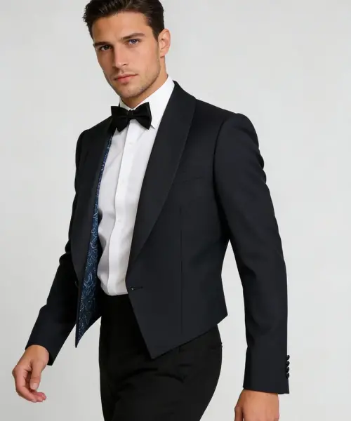 Smoking noir Pure Elegance avec revers en satin, chemise blanche et nœud papillon noir, porté avec pantalon noir.