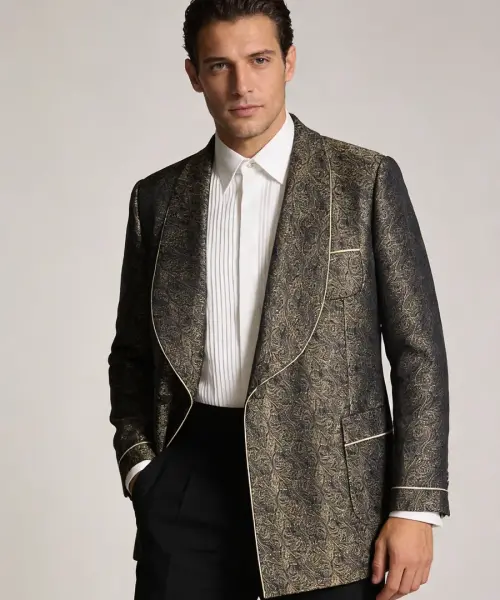 Veste longue Pure Élégance en brocart noir et or avec liserés clairs, chemise blanche plissée et pantalon noir.