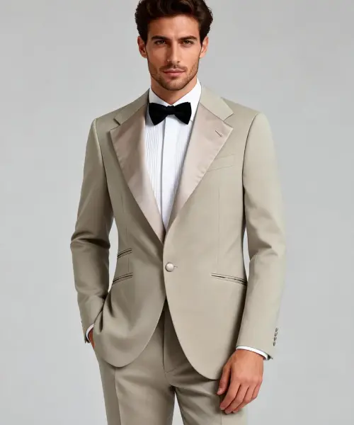 Smoking Pure Élégance beige avec revers satinés ton sur ton, chemise plissée blanche et nœud papillon noir.