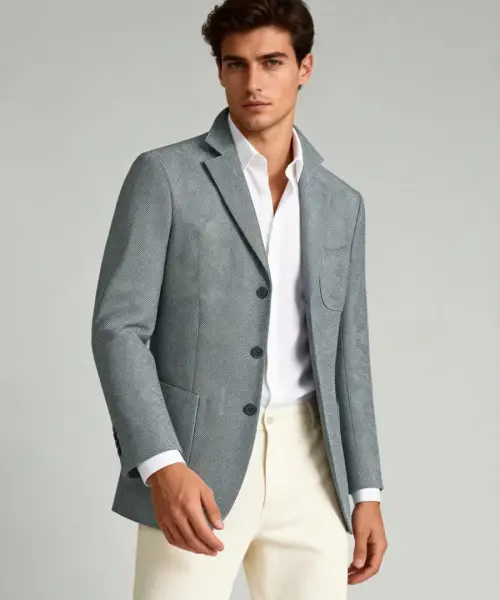 Veste gris clair texturée portée par un mannequin sur fond clair, revers classiques, fermeture trois boutons, poches plaquées, chemise blanche et pantalon écru.