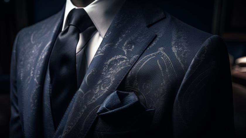 Gros plan d’une veste de costume bleu nuit à motif subtil avec chemise blanche, cravate noire et pochette assortie, tenue créée par Pure Elegance.