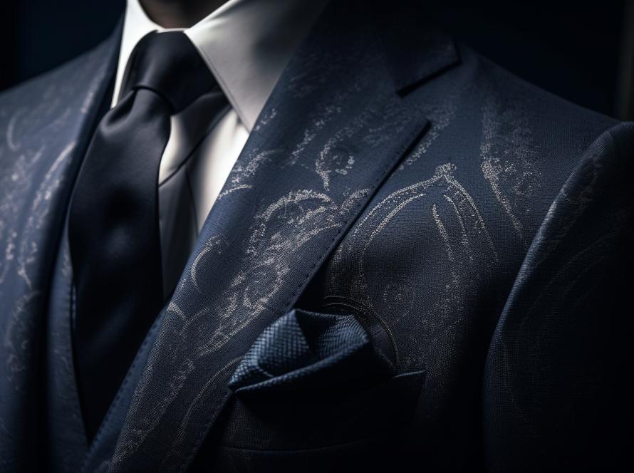 Gros plan d’une veste de costume bleu nuit à motif subtil avec chemise blanche, cravate noire et pochette assortie, tenue créée par Pure Elegance.